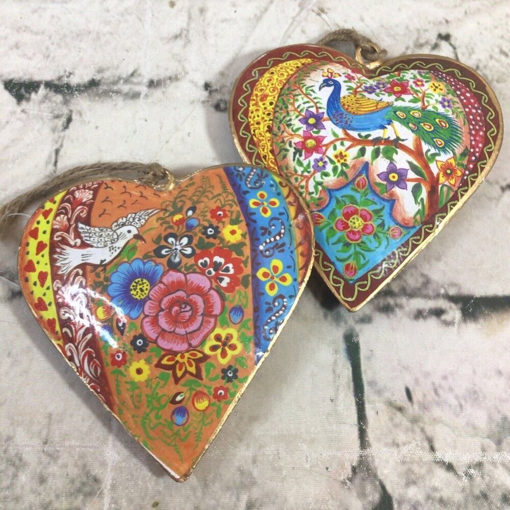 Christmas Ornaments Hearts Hollow Patchwork Victorian Floral Lot of 2